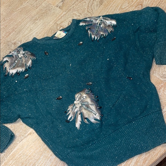 Vintage 70s 80s Teal Sweater with Silver Accents small - Picture 2 of 3